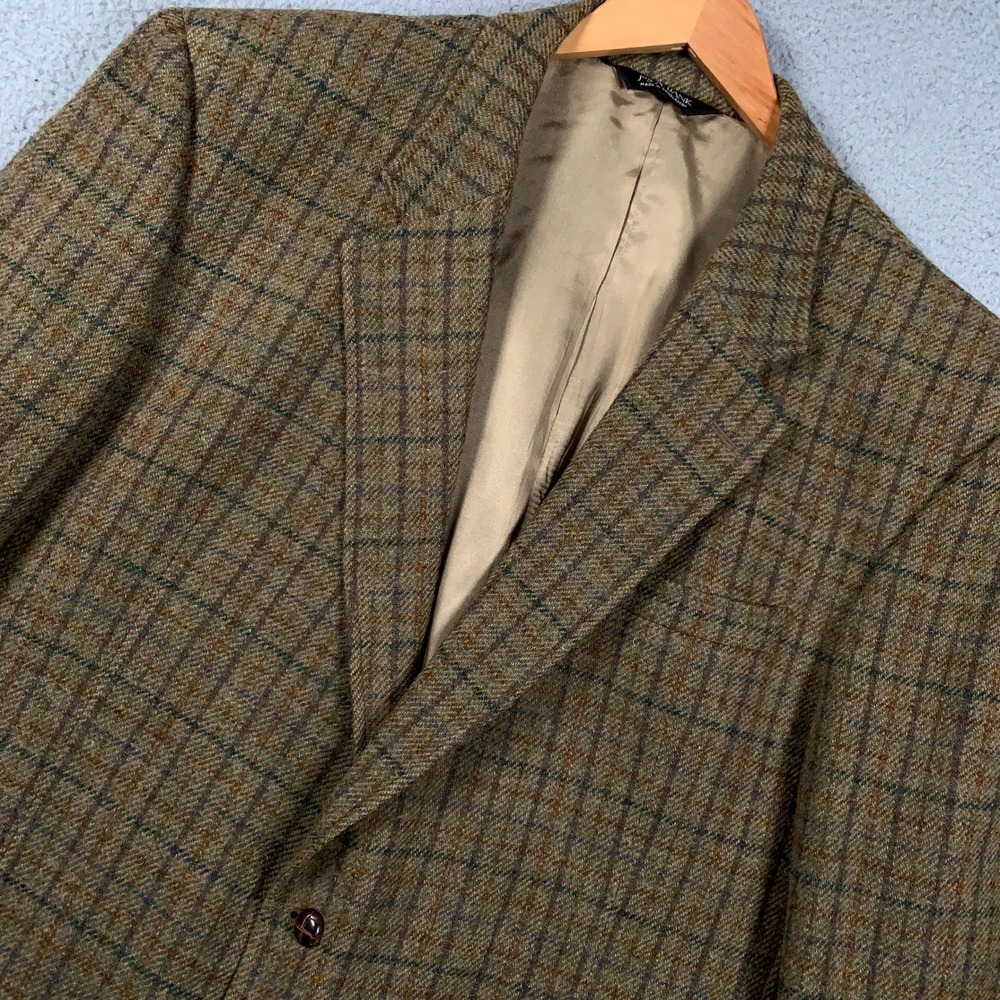 Harris Tweed Sport Coat Blazer Mens 52L Brown Plaid Wool Two Button Jos. A. Bank